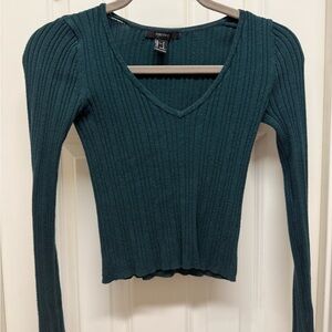 Forever 21 Ribbed V-Neck Long Sleeve Top in Teal